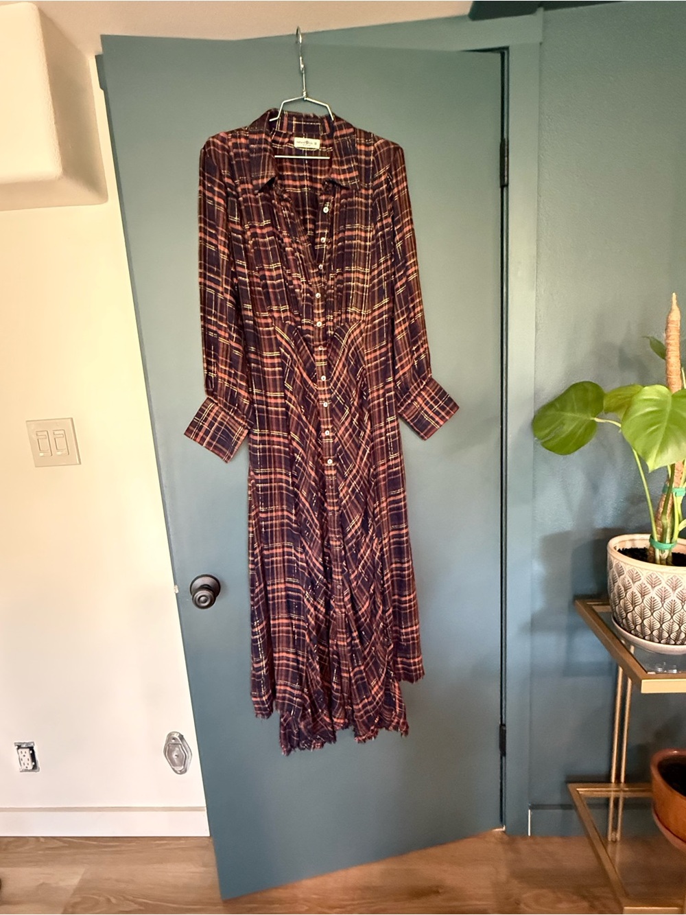 Natural Life Long Plaid Button-Front Maxi Dress in Burgundy and Navy - Picture 1 of 8